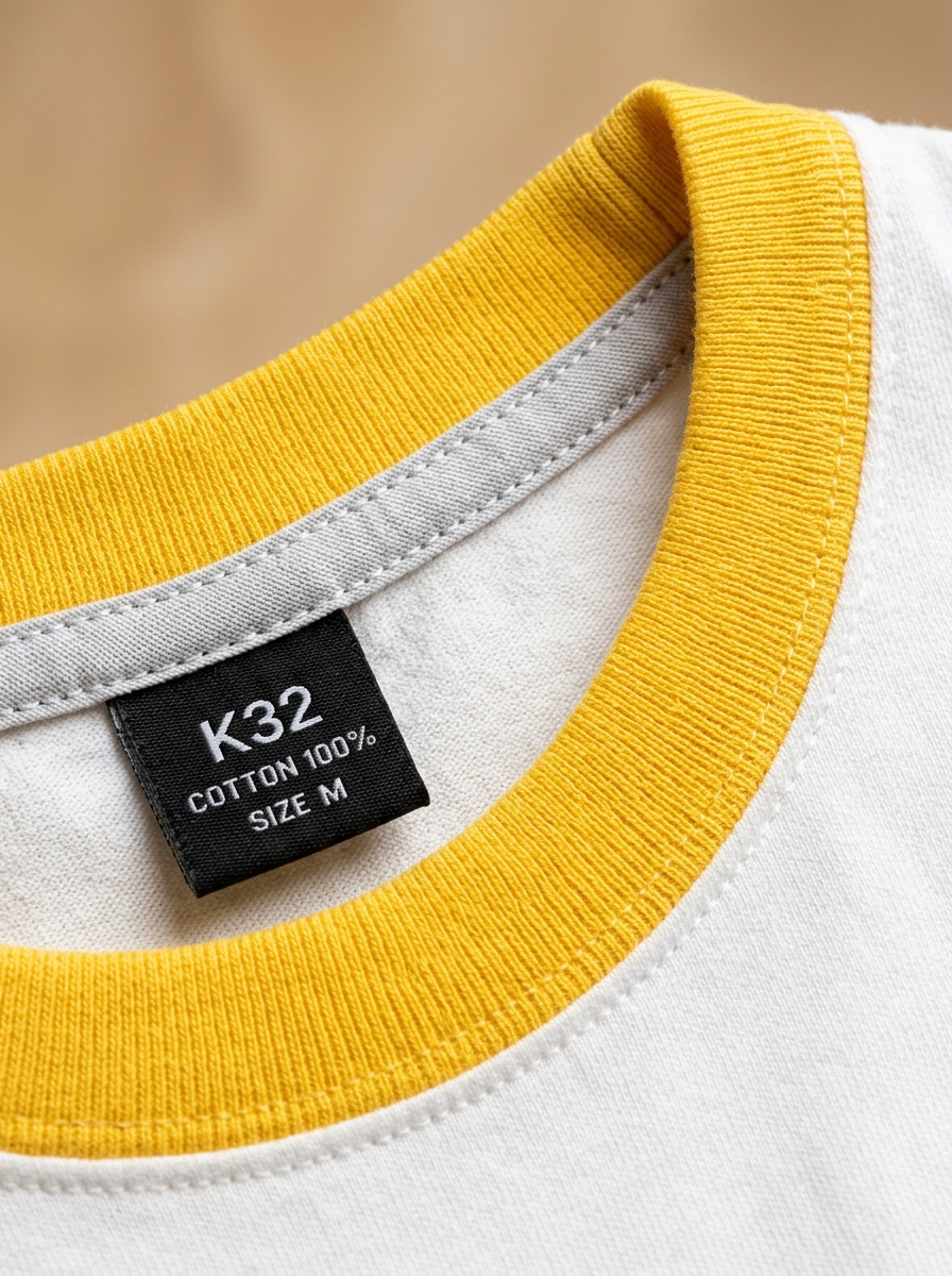 รายละเอียดคอเสื้อกุ้นสีเหลืองสดใสพรีเมียม Combed Cotton ของแบรนด์ K32