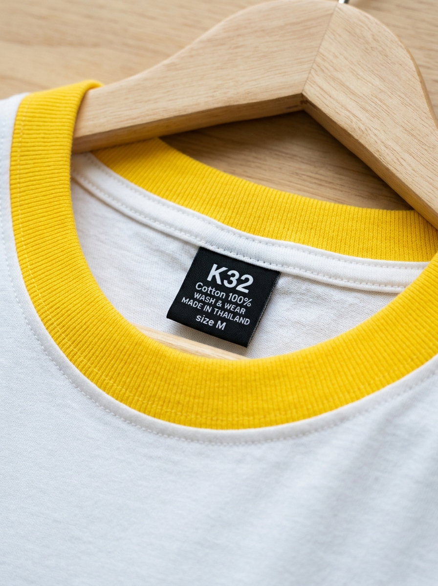 รายละเอียดป้ายทอและตะเข็บคอด้านในเสื้อยืดกุ้นขาวเหลืองพรีเมียม K32 C20103