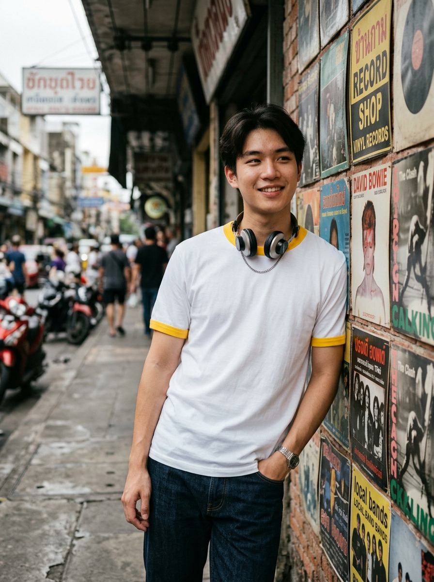 นายแบบผมสั้นยืนสตรีทแฟชั่นกับหูฟังเพลงสไตล์เรโทรสวมเสื้อกุ้นคอสีขาวกุ้นเหลือง C20103