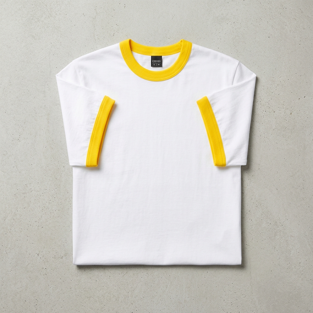 การจัดวางเสื้อยืดกุ้นสีขาวกุ้นเหลืองพรีเมียม C20103 แบบเรียบง่ายแบนราบสไตล์แคตตาล็อกร้านค้า