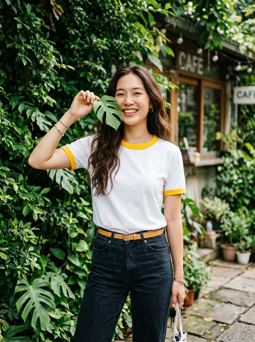 นางแบบเอเชียโพสท่าน่ารักกับฉากพรรณไม้สีเขียวสวนหย่อมร้านกาแฟสวมเสื้อกุ้น K32 C20103