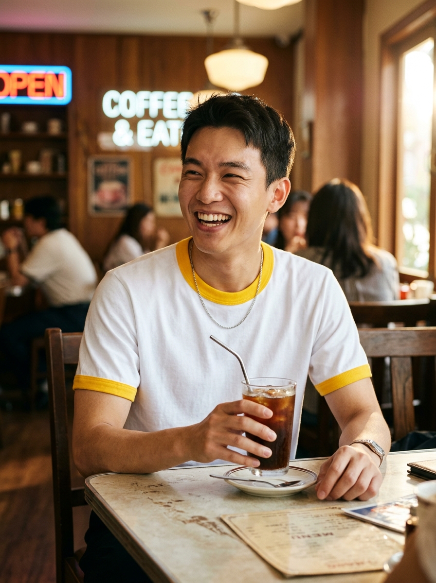 นายแบบหนุ่ม candid หัวเราะกับแก้วกาแฟเย็นที่โต๊ะไม้สวมเสื้อขาวกุ้นเหลือง C20103
