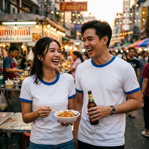คู่รักสวมเสื้อยืดสไตล์เกาหลีสีขาวกุ้นฟ้าทะเล เที่ยวตลาดสตรีทฟู้ด