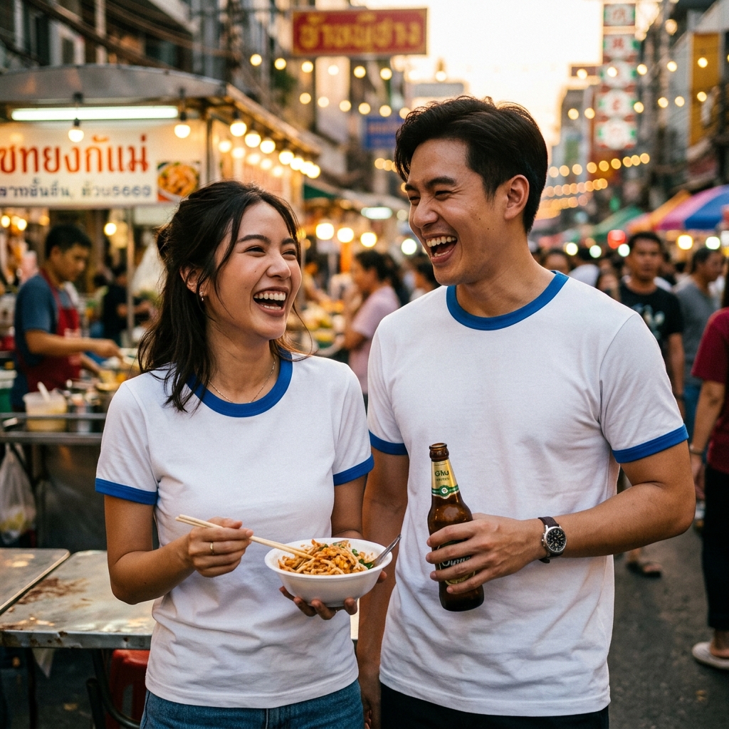 คู่รักสวมเสื้อยืดสไตล์เกาหลีสีขาวกุ้นฟ้าทะเล เที่ยวตลาดสตรีทฟู้ด