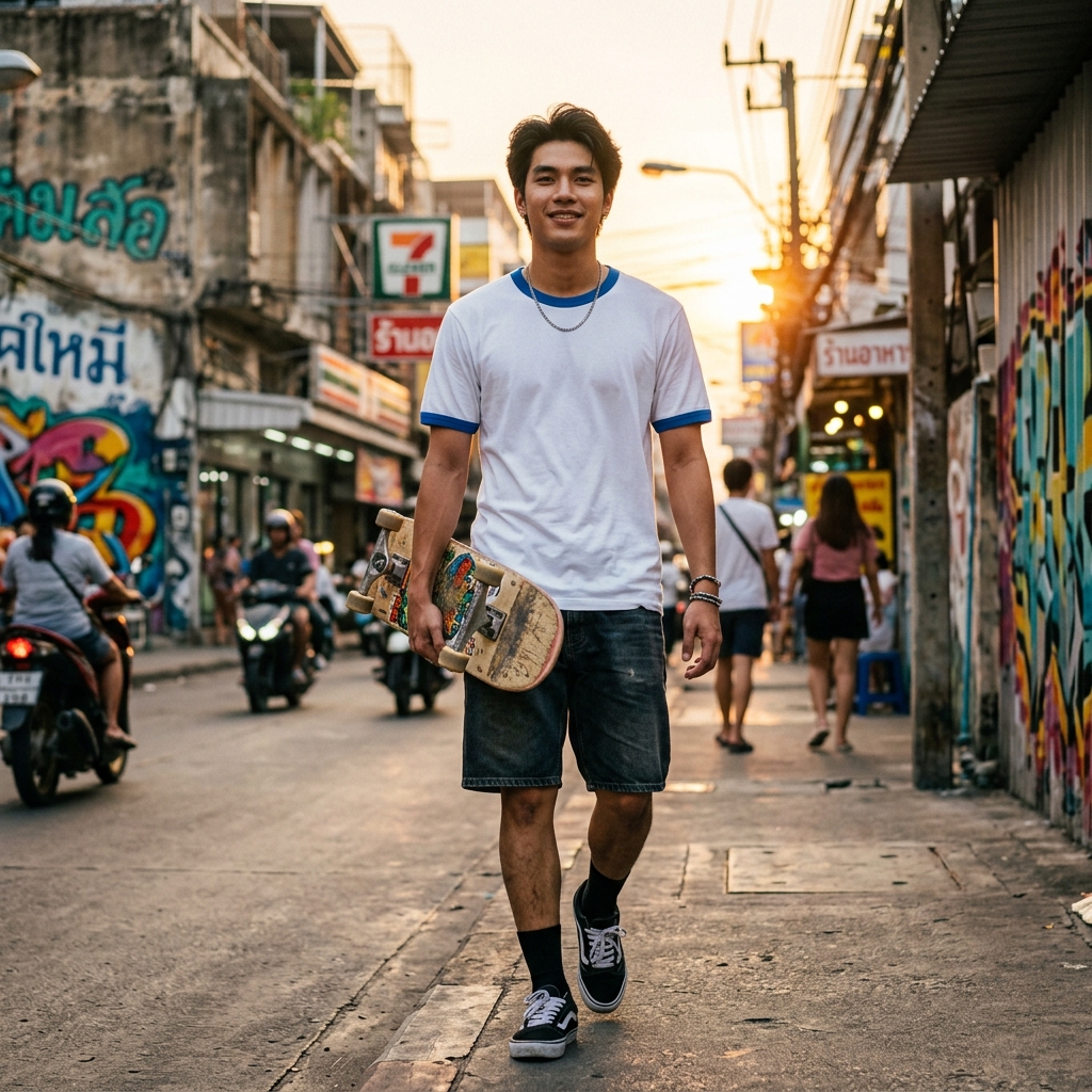 วัยรุ่นชายถือสเก็ตบอร์ด ใส่เสื้อยืดสไตล์เกาหลีสีขาวกุ้นฟ้า