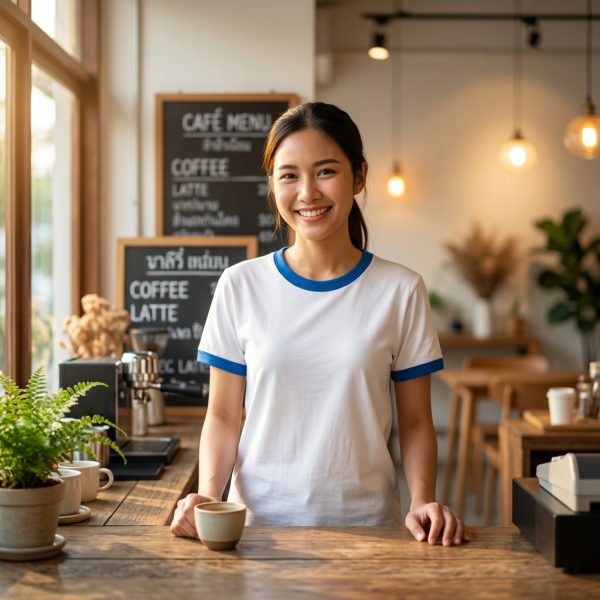 พนักงานคาเฟ่ยิ้มต้อนรับ สวมยูนิฟอร์มคาเฟ่เสื้อกุ้นฟ้าทะเล