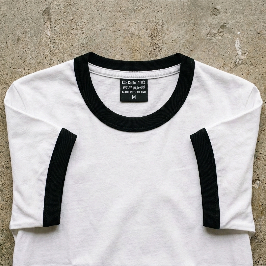 ภาพถ่าย Flat Lay เสื้อยืดสไตล์เรโทร Ringer Tee สีขาวขอบสีดำบนพื้นปูนดิบ