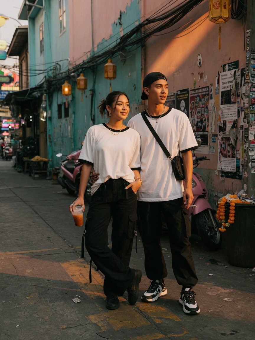 เสื้อกุ้นสีขาวกุ้นดำ สไตล์สตรีทแวร์ใส่คู่รักเดินริมถนนอาร์ตในกรุงเทพฯ