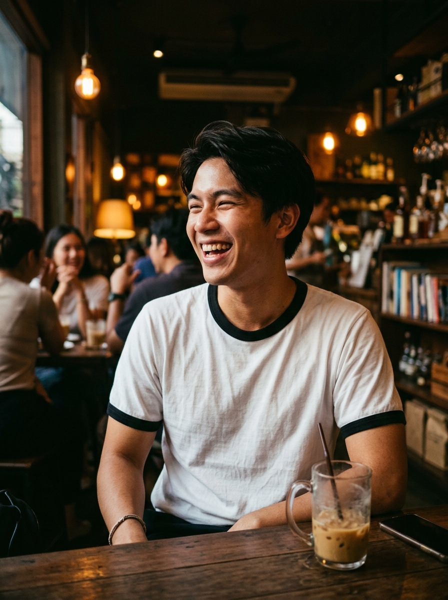 เสื้อกุ้นสีขาวกุ้นดำใส่ไปคาเฟ่ลุคผู้ชายสบายๆ ทรงเข้ารูปพอดีตัว