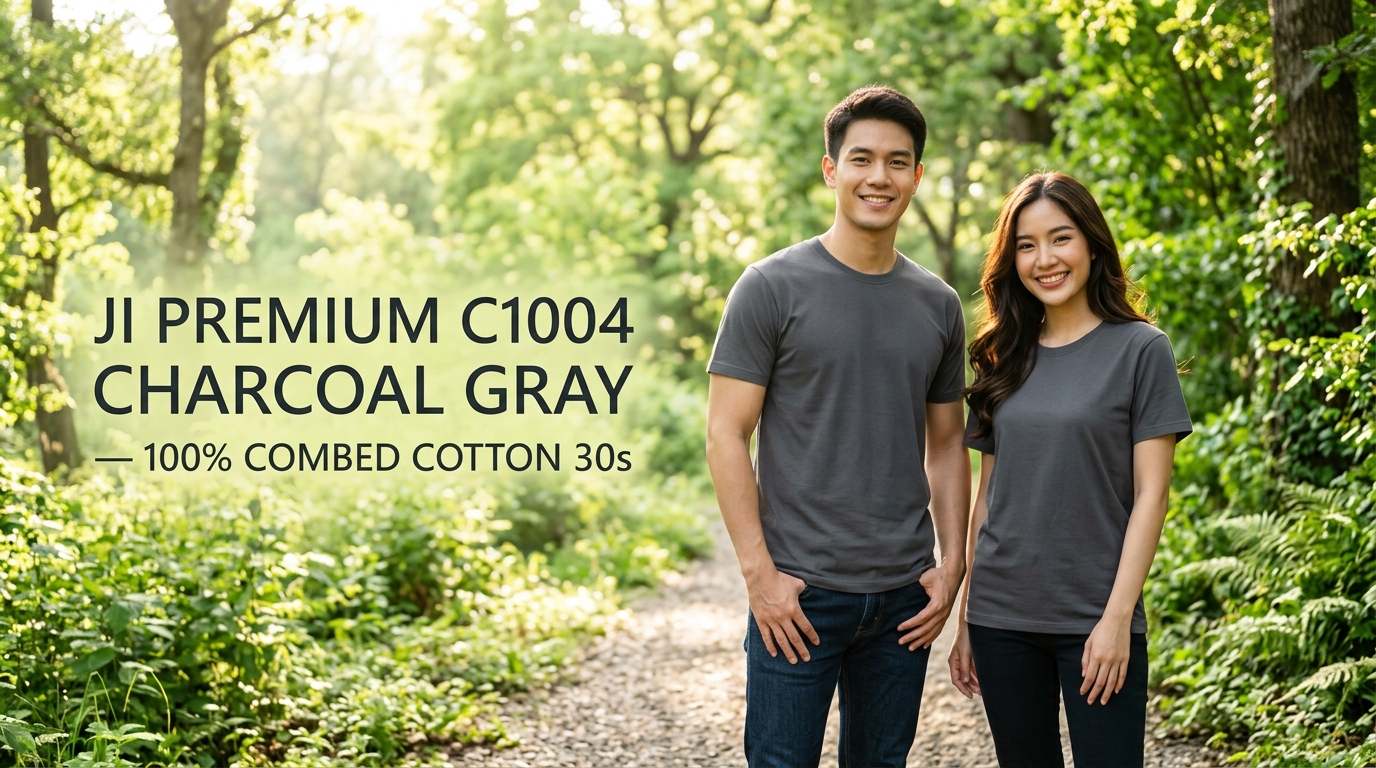 เสื้อยืดสีเทาดิน C1004 นายแบบและนางแบบไทยใส่เสื้อคอกลมสีเทาดิน Combed Cotton 30s