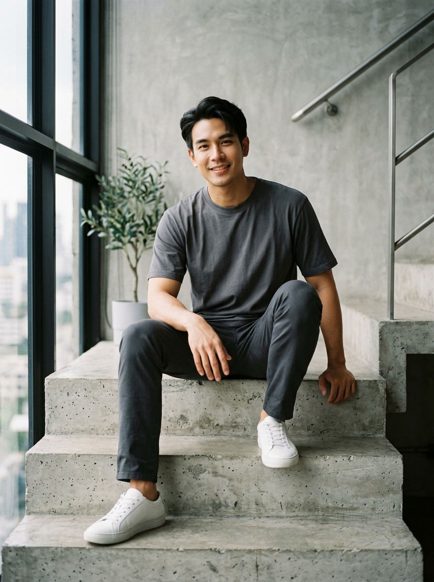 นายแบบไทยใส่เสื้อยืดสีเทาดิน C1004 ทรง Classic Regular Fit ลุคมินิมอล