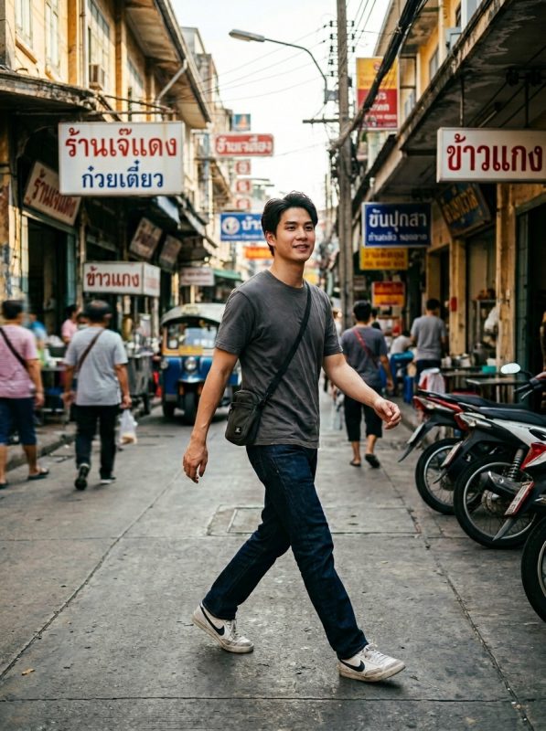 แต่งตัวเสื้อยืดสีเทาดิน C1004 เดินสตรีทเมืองเก่ากรุงเทพฯ