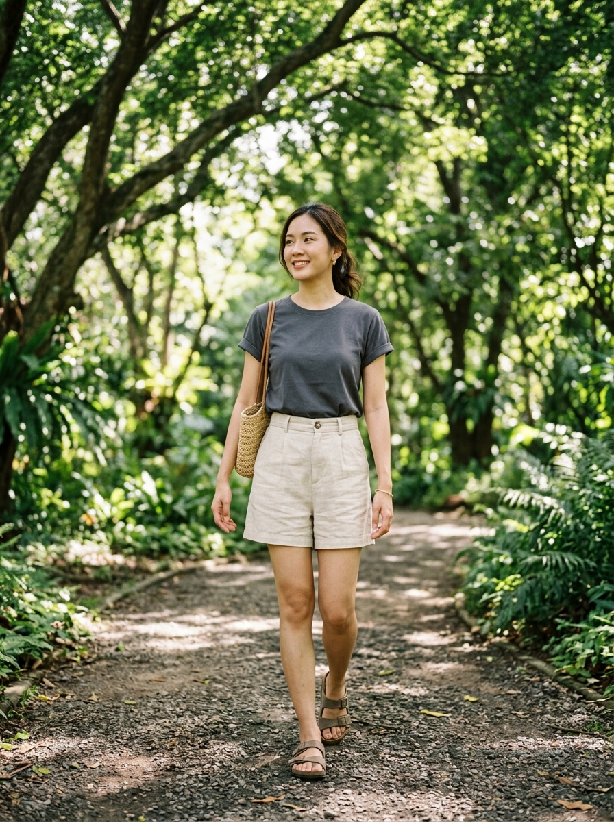 ผู้ชายใส่เสื้อยืดสีเทาดิน โชว์เนื้อผ้าระบายความร้อน