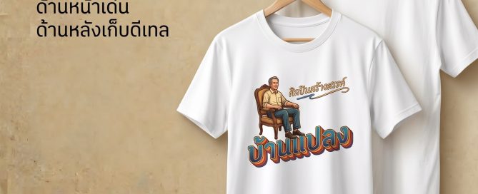 เสื้อยืดสีขาวสองตัว แสดง Artwork ขนาดใหญ่ด้านหน้าและรายละเอียดขนาดเล็กด้านหลัง