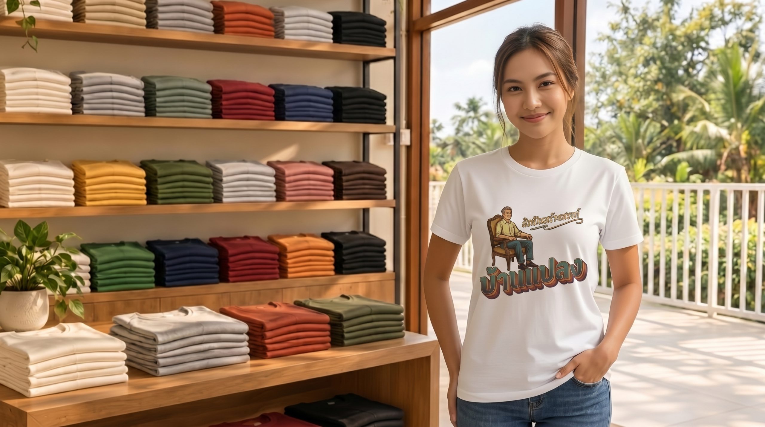 ตัวอย่างเสื้อที่ใช้ Artwork ขนาดใหญ่ด้านหน้าเมื่อสวมใส่จริง