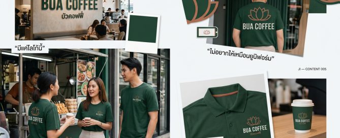 ภาพตัวอย่างทำเสื้อทีมจากโลโก้ร้านในหลายบริบท