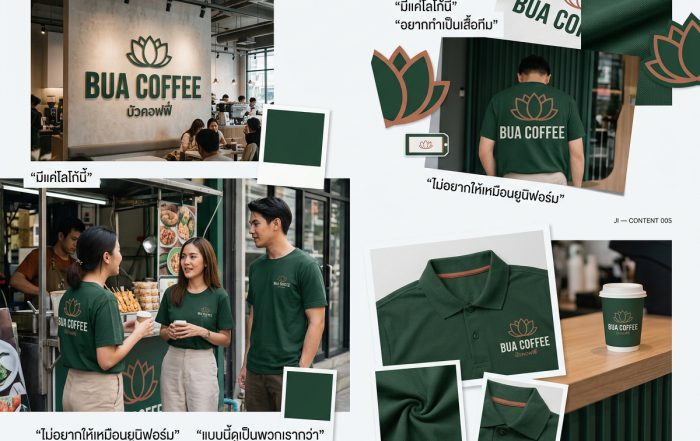 ภาพตัวอย่างทำเสื้อทีมจากโลโก้ร้านในหลายบริบท