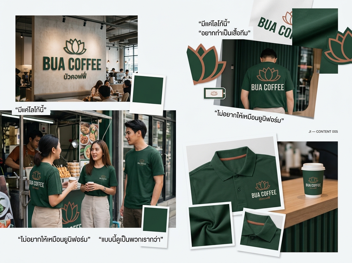 ภาพตัวอย่างทำเสื้อทีมจากโลโก้ร้านในหลายบริบท