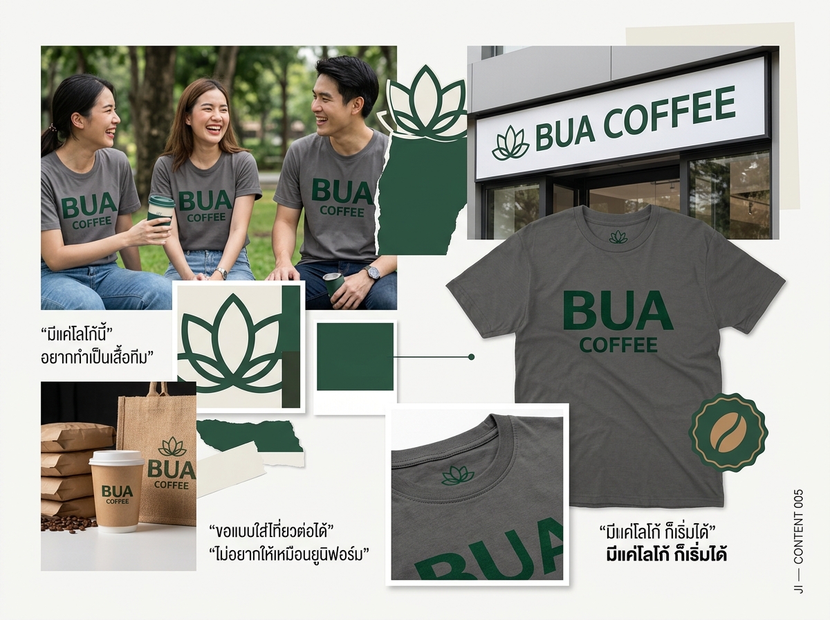 เสื้อทีมร้านสีเทาเรียบกับโลโก้สีเขียวด้านหน้า