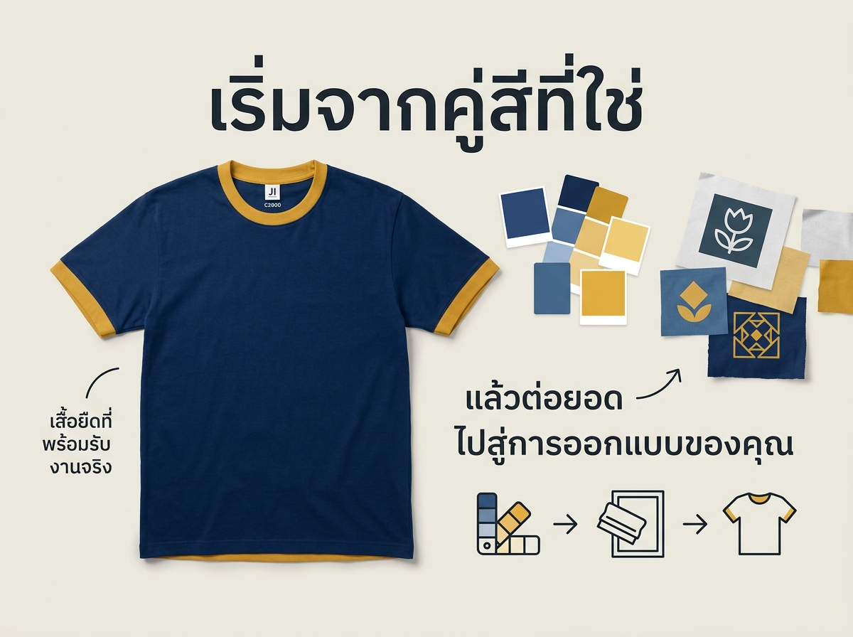 เสื้อยืดกุ๊นคอกุ๊นแขน JI พร้อมเลือกคู่สีและต่อยอดเป็นงานสกรีน