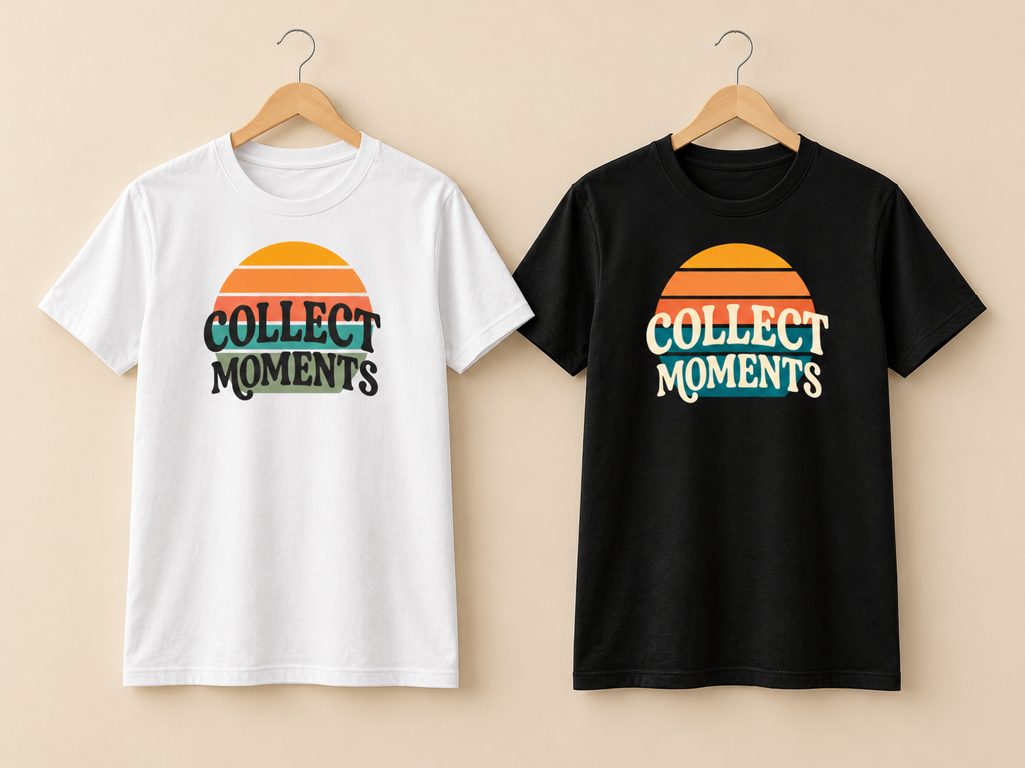 ภาพจำลองเสื้อขาวและดำแขวนบนไม้แขวนคู่กัน เห็นลาย COLLECT MOMENTS ด้านหน้าทั้งสองตัว