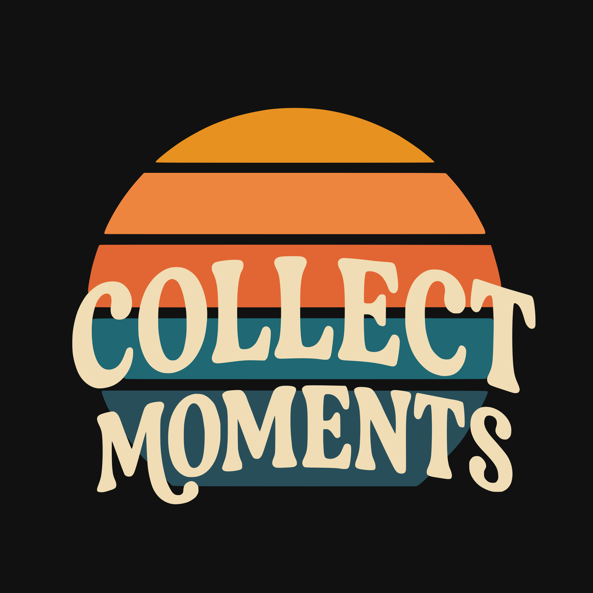 ลาย COLLECT MOMENTS ตัวอักษรครีมซ้อนบนกราฟิกพระอาทิตย์แถบสีส้มและเขียวอมฟ้าบนพื้นดำ
